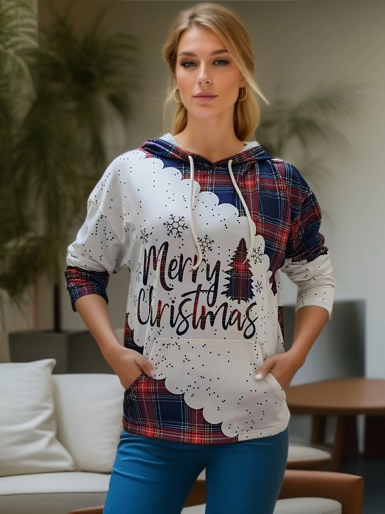 Christmas Tree & Letter Print Drawstring Hoodie, Casual Long Sleeve Kangaroo Pocket Hoodie Sweatshirt, Women's Clothing - Deanwangkt