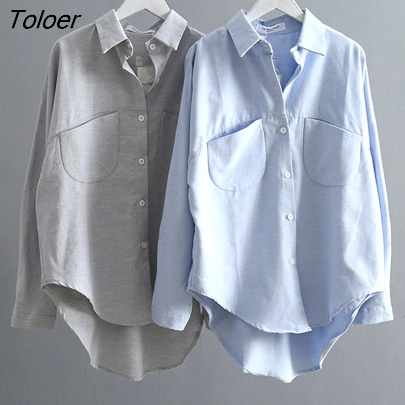 deanwangkt Spring Turn-down Collar Solid Women Shirt Oversized Long Sleeve Women Blouses Casual Pockets Female Shirts Tops Blusas 6658 - Deanwangkt