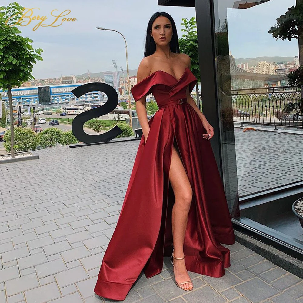 Off Shoulder Satin Evening Dresses Long Sexy High Slit Evening Gown Elegant High Waist Prom Dress Robe De Soiree - Deanwangkt