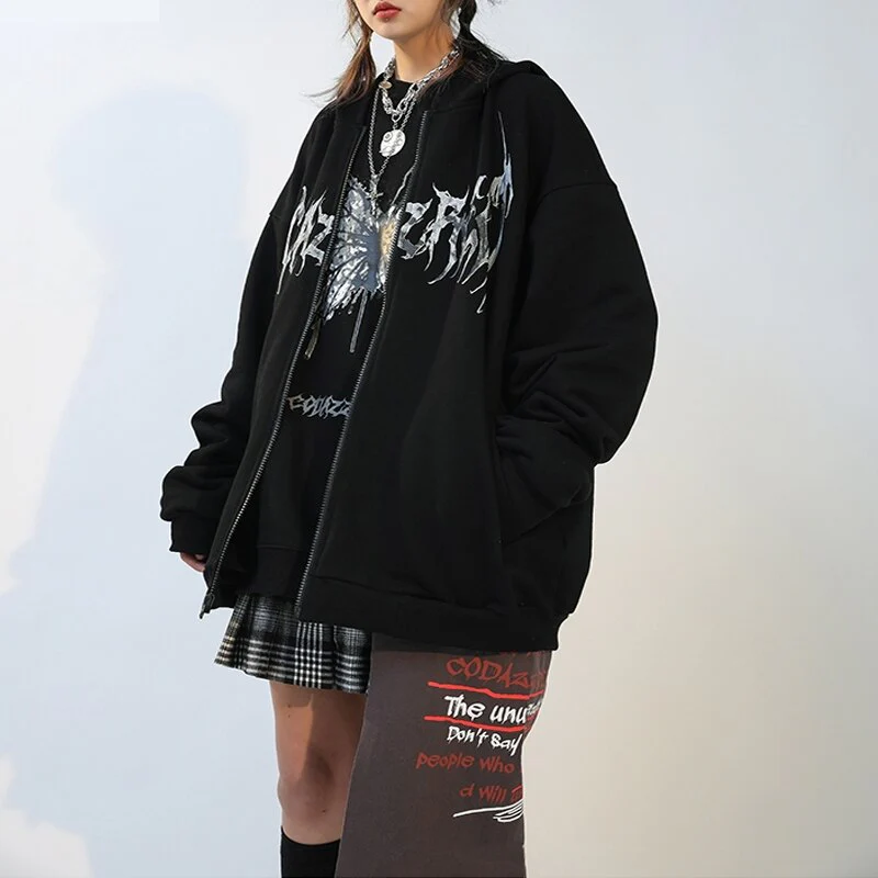 deanwangkt Butterfly Print Hooded Jackets Women Autumn Punk Zip-up Loose Coats Female Harajuku Hip Hop Streetwear Y2k Aesthetic Hoodies - Deanwangkt