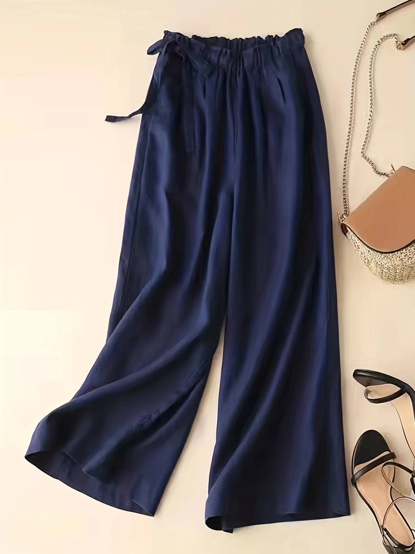 deanwangkt-1  Solid Elastic Waist Pants, Casual Wide Leg Simple Summer Pants, Women's Clothing - Deanwangkt