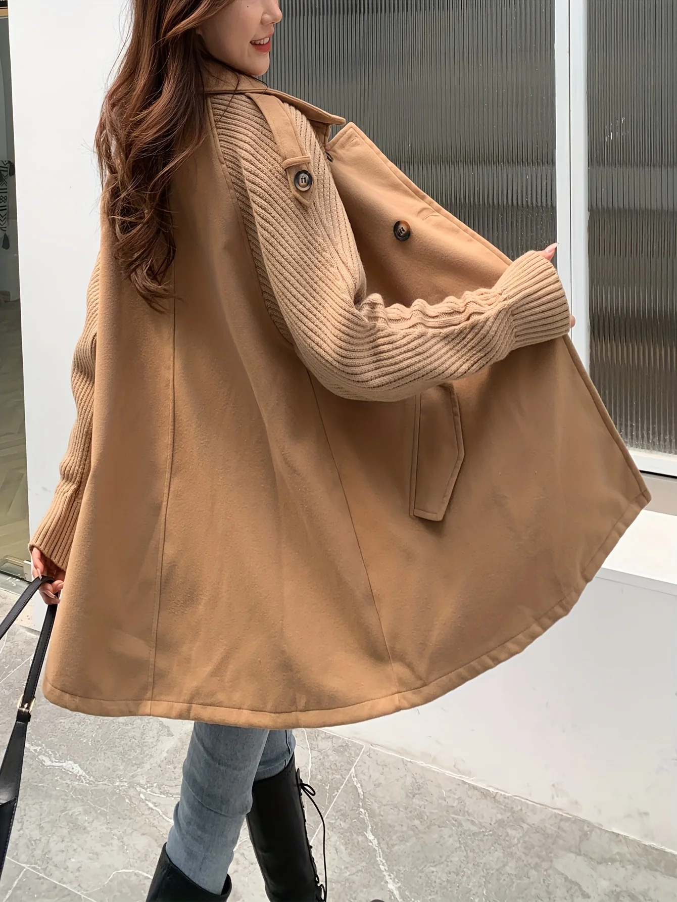 Solid Double Breasted Loose Overcoat, Versatile Long Sleeve Splicing Outwear For Fall & Winter, Women's Clothing - Deanwangkt