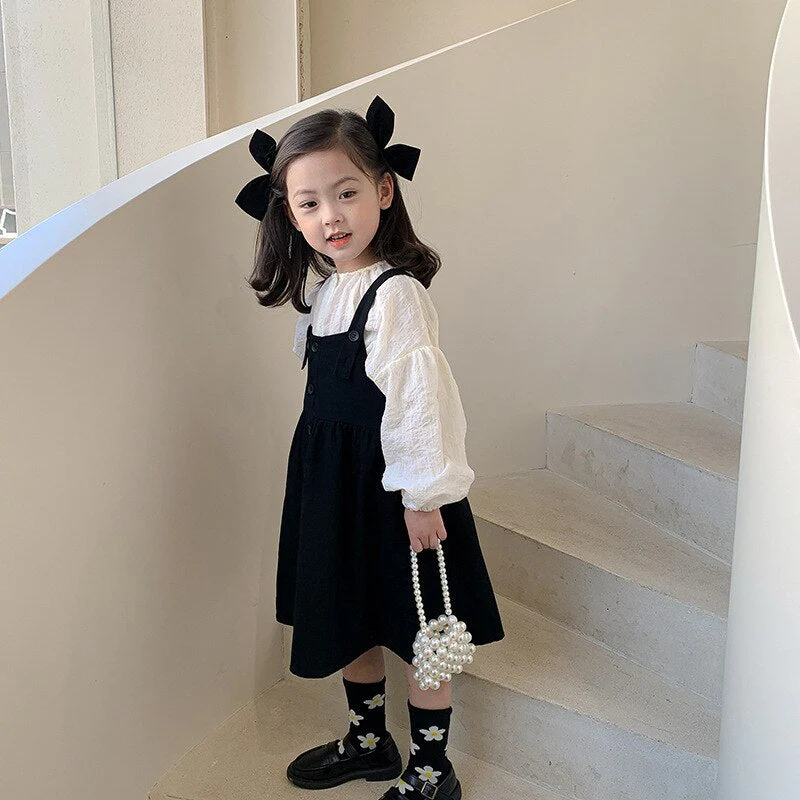 deanwangkt Girls spring fashion white blouse and black overalls dress Kids all-match Outfits 2pcs sets - Deanwangkt