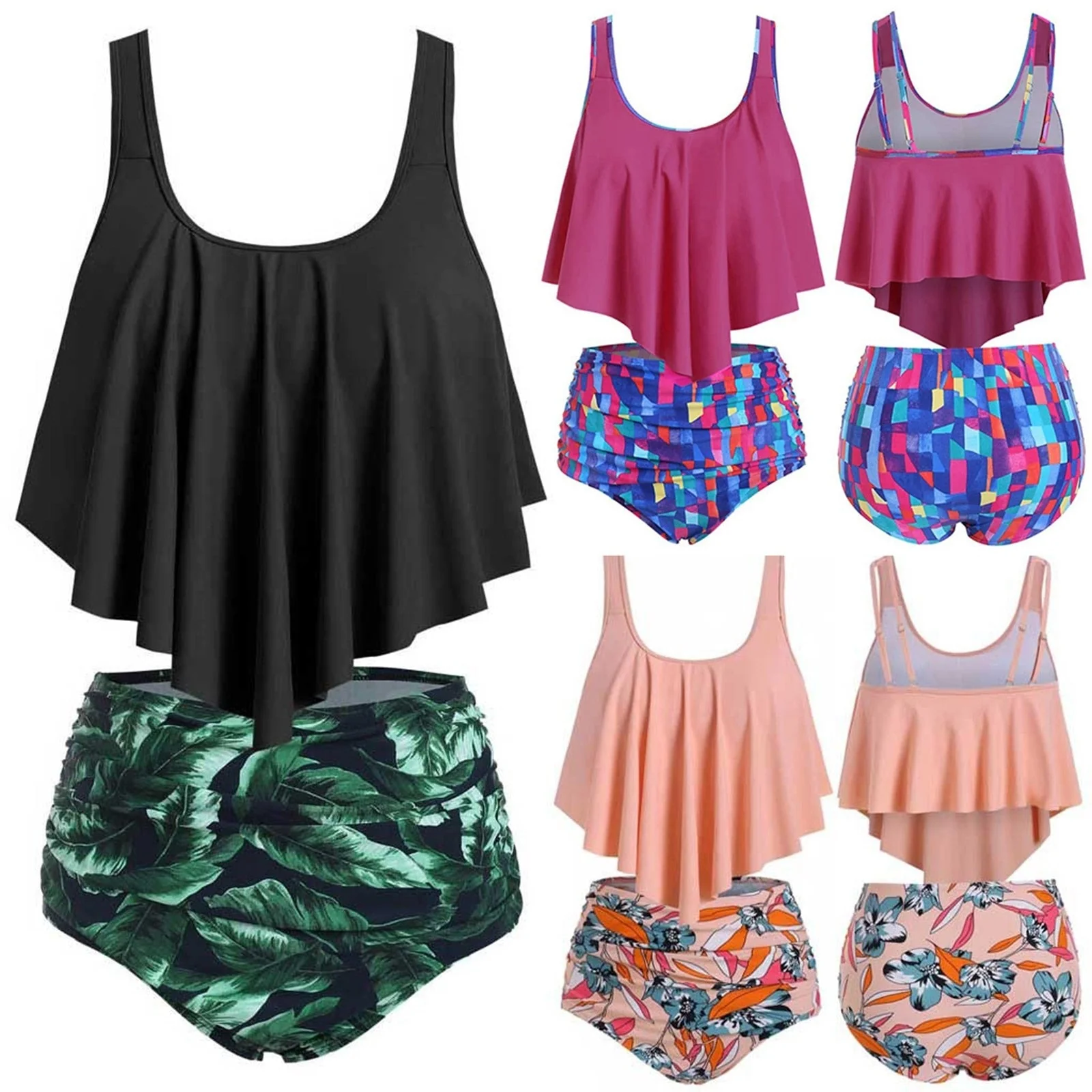 deanwangkt Wipalo Women Cute Sun Star Moon Lattice High Waisted Tankini Swimsuit Ladies Two Pieces Bathing Suit Casual Summer Beach Wear - Deanwangkt