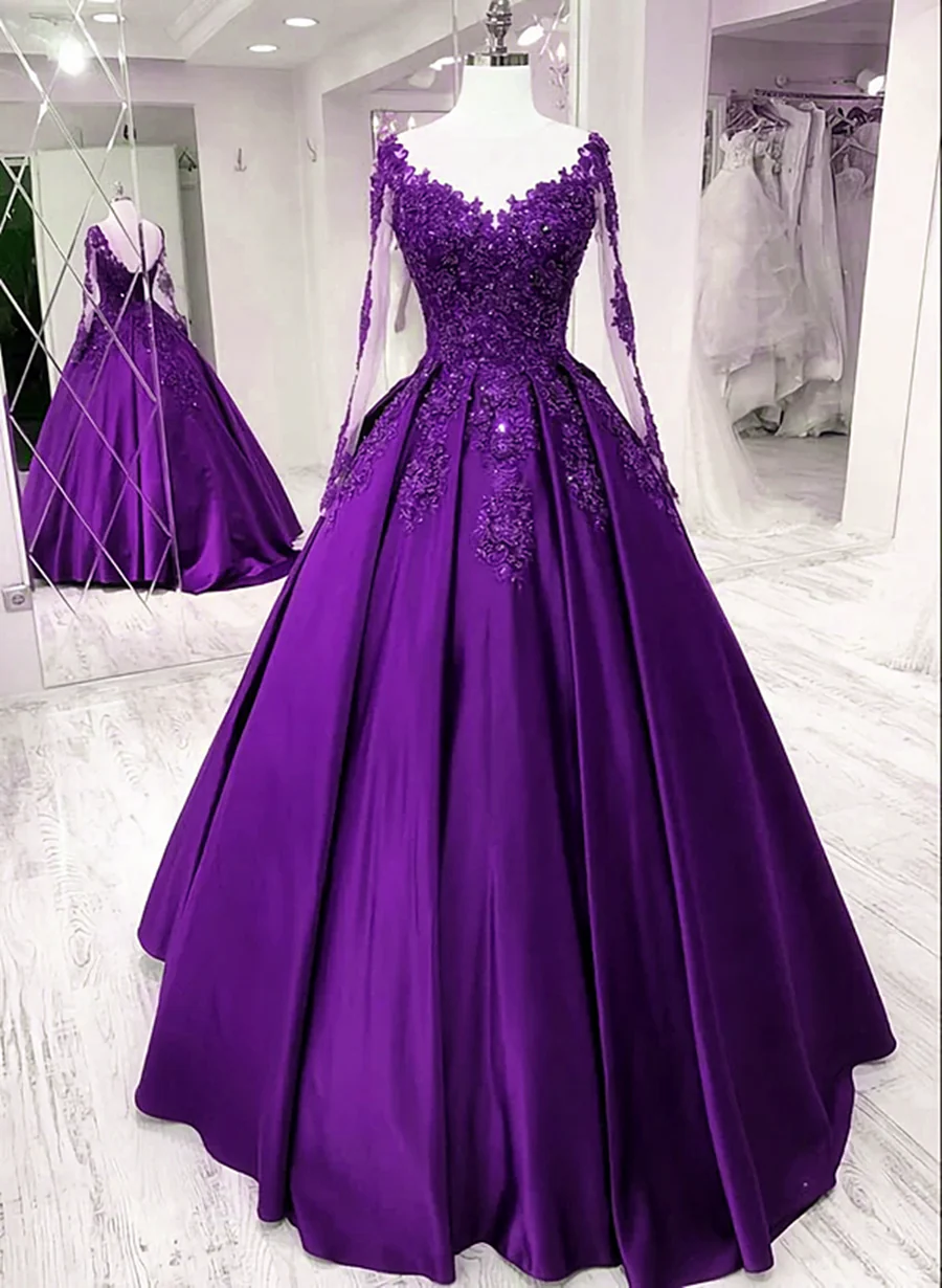Solvbao Purple Satin Long Sleeves Prom Dress Formal Dress, Lace Applique Sweet 16 Dress - Deanwangkt