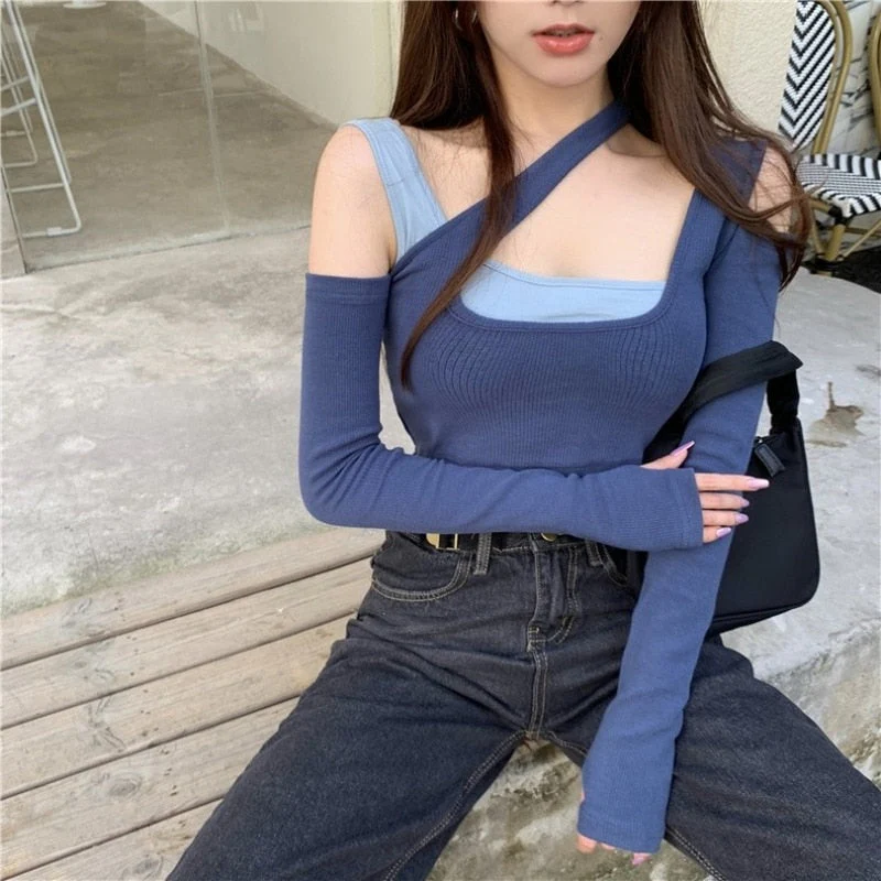 Wenkouban Sexy Patchwork Long Sleeve T-Shirts Women Slim Fit Fashion Crop Tops Hot Girls Irregular Skinny Elegant Casual Off-Shoulder Tees - Deanwangkt
