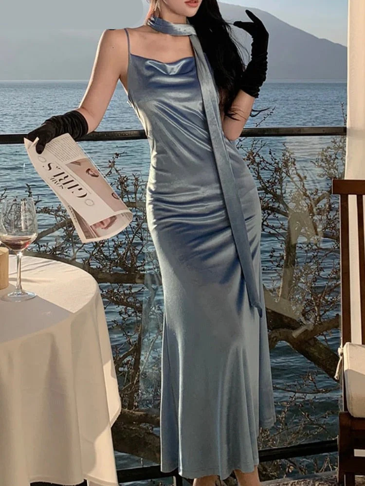 deanwangkt Sexy Velvet Spaghetti Strap Dress Vintage Women Backless Beach Dresses With Soft Scarf New Summer Elegant Sundress - Deanwangkt