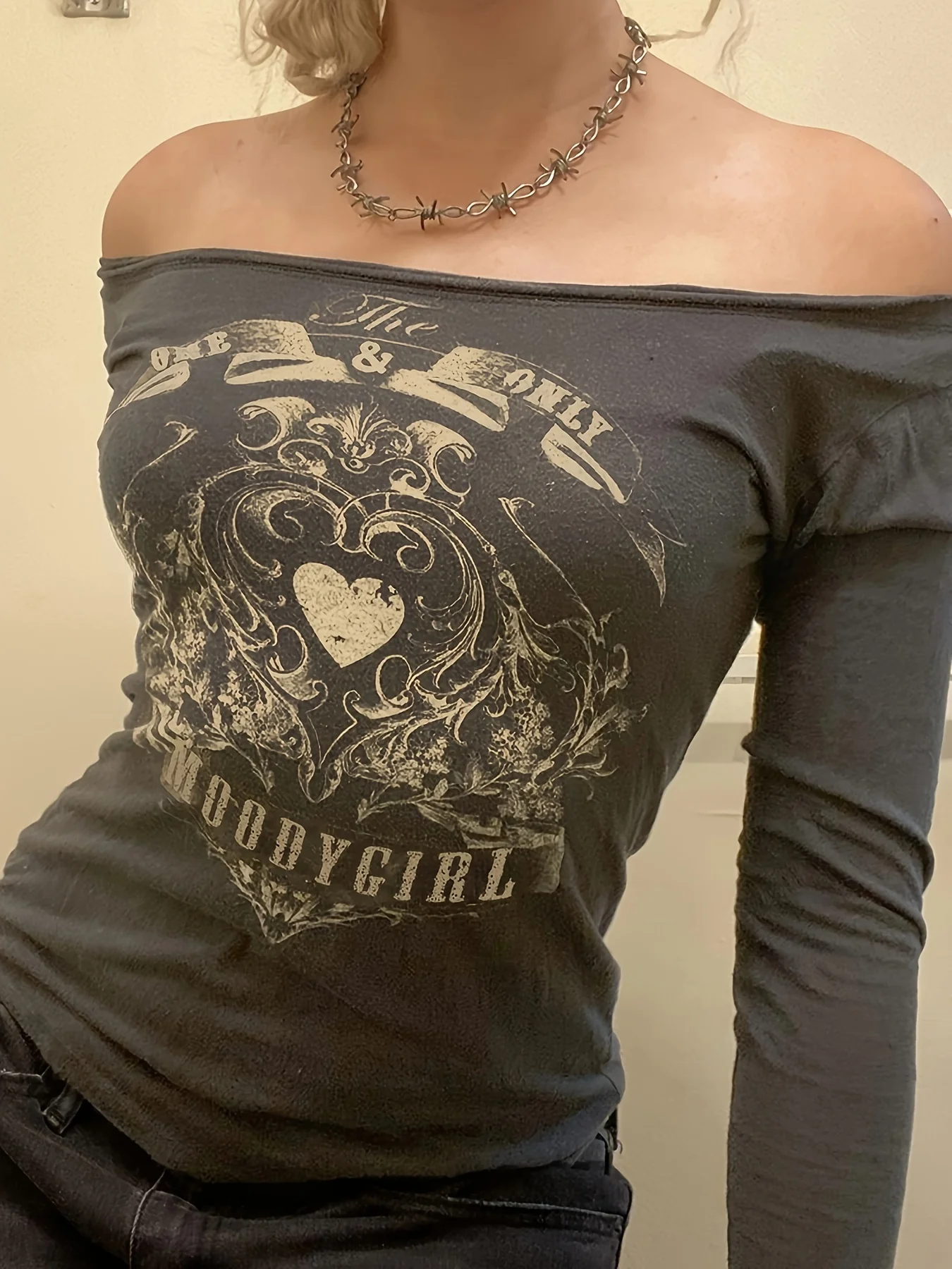 deanwangkt-1 Heart & Letter Print Off Shoulder T-Shirt, Vintage Long Sleeve T-Shirt For Spring & Fall, Women's Clothing - Deanwangkt