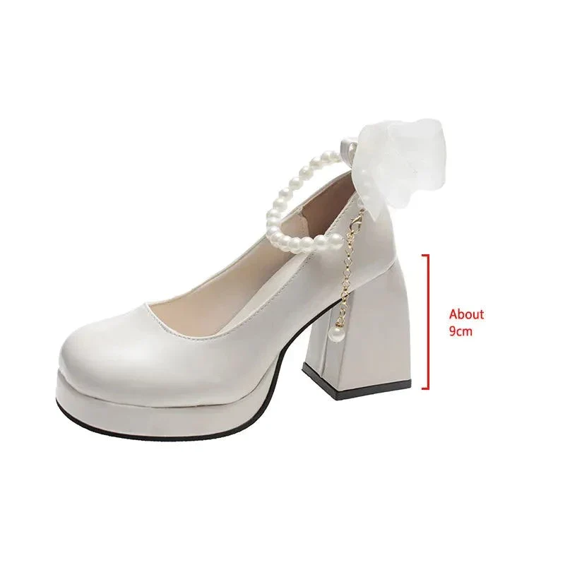 deanwangkt New Pearls Strap Square Heels Pumps Women Shoes Fashion Pu Leather Platform Mary Janes Woman High Heels Party Wedding Shoes - Deanwangkt