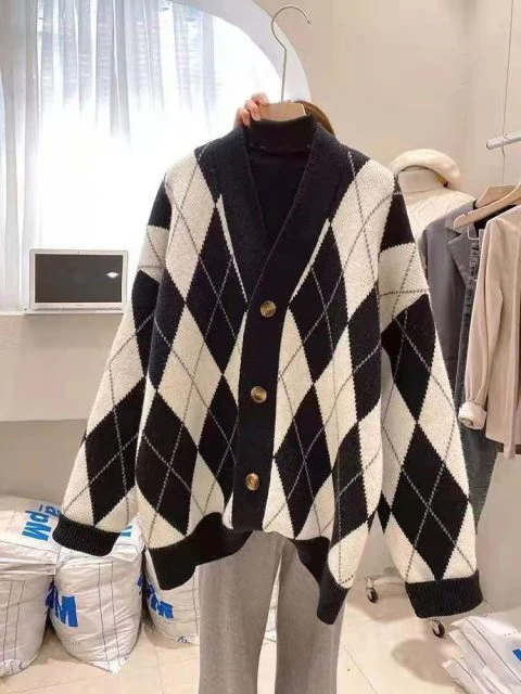 deanwangkt Korean Loose Winter Ladies Cardigan V-neck Check Plaid Coat Knitted Women's Sweater Long Sleeve Women Jacket QT1028 - Deanwangkt