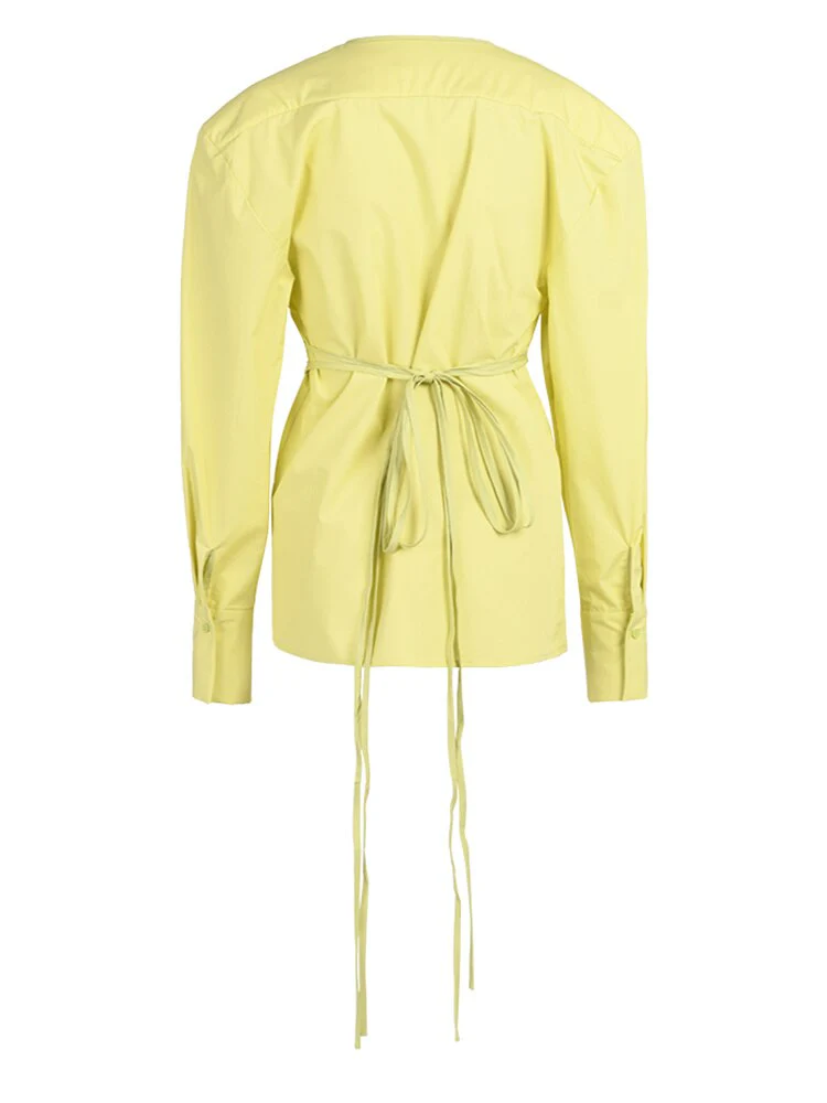 deanwangkt Fashion Women's Shirt V-neck Cross Bandage Waist Irregular Yellow Long Sleeve Blouse Causal Tide  Summer New CP0418 - Deanwangkt