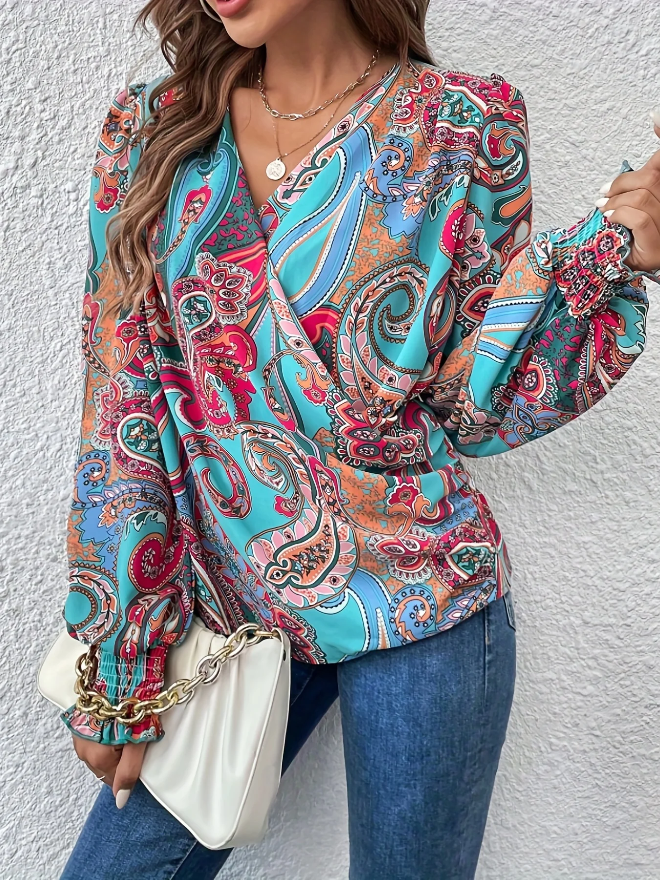 deanwangkt Paisley Print V Neck Blouse, Boho Shirred Lantern Long Sleeve Blouse, Women's Clothing - Deanwangkt