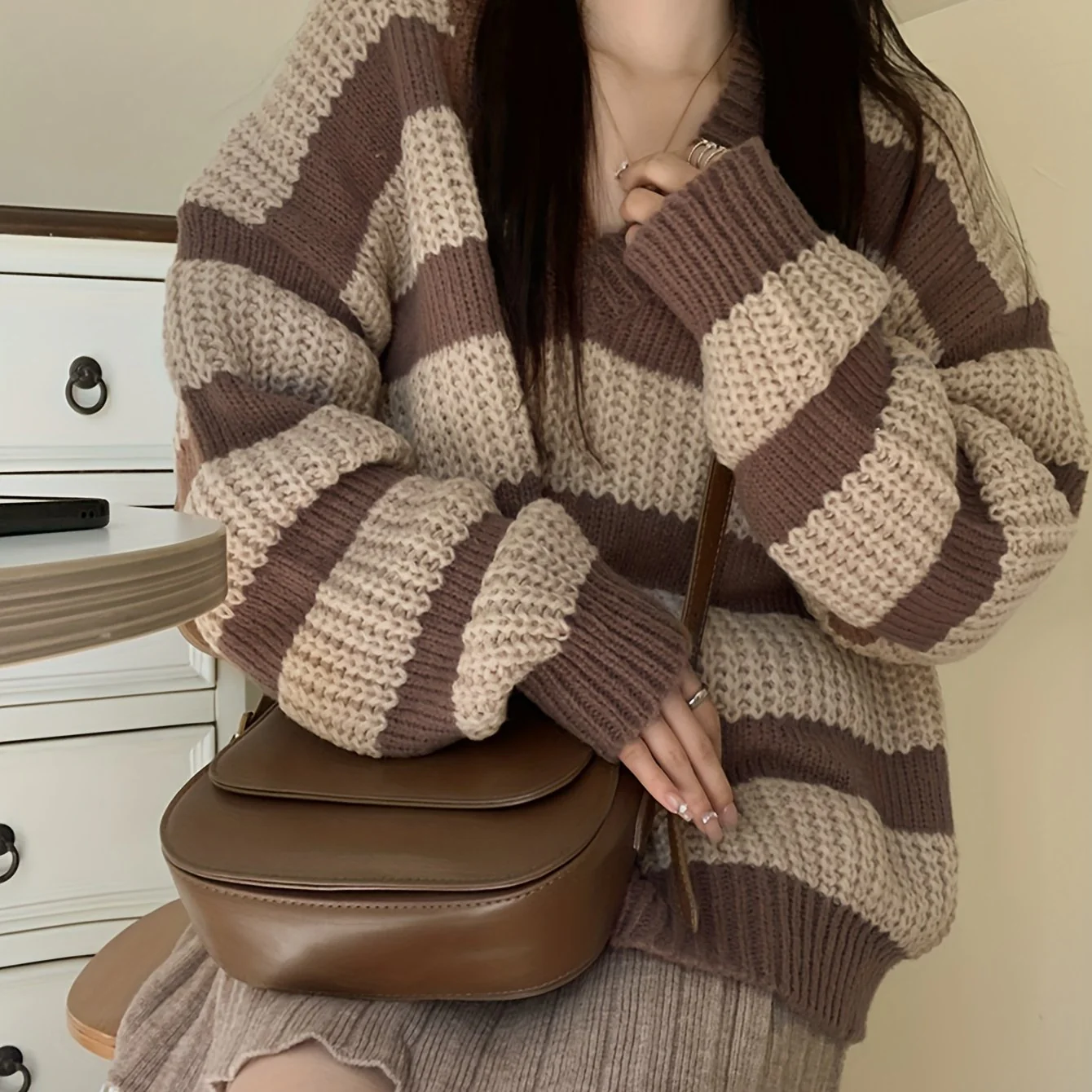 deanwangkt-1  Striped V Neck Pullover Sweater, Casual Long Sleeve Drop Shoulder Sweater, Women's Clothing - Deanwangkt