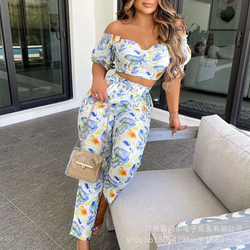 deanwangkt   women's summer new coat + trousers 2-piece suit fashion printed suit short piece one-piece collar - Deanwangkt