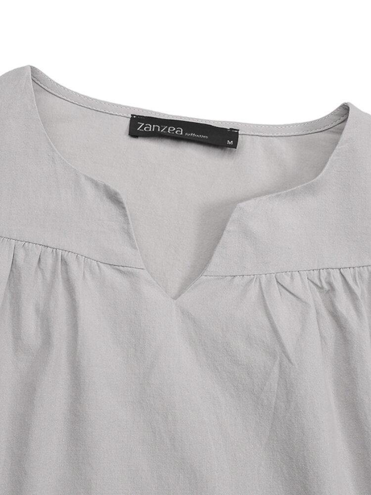 deanwangkt Casual Plain V-neck 3/4 Sleeve Women Solid Cotton Blouse - Deanwangkt