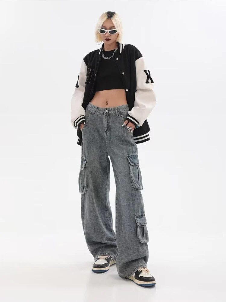 deanwangkt Vintage And Worn Wide Leg Jeans Women's Summer American High Street Design Straight Tube Overalls Pants Trendy Ins Women's Jeans - Deanwangkt