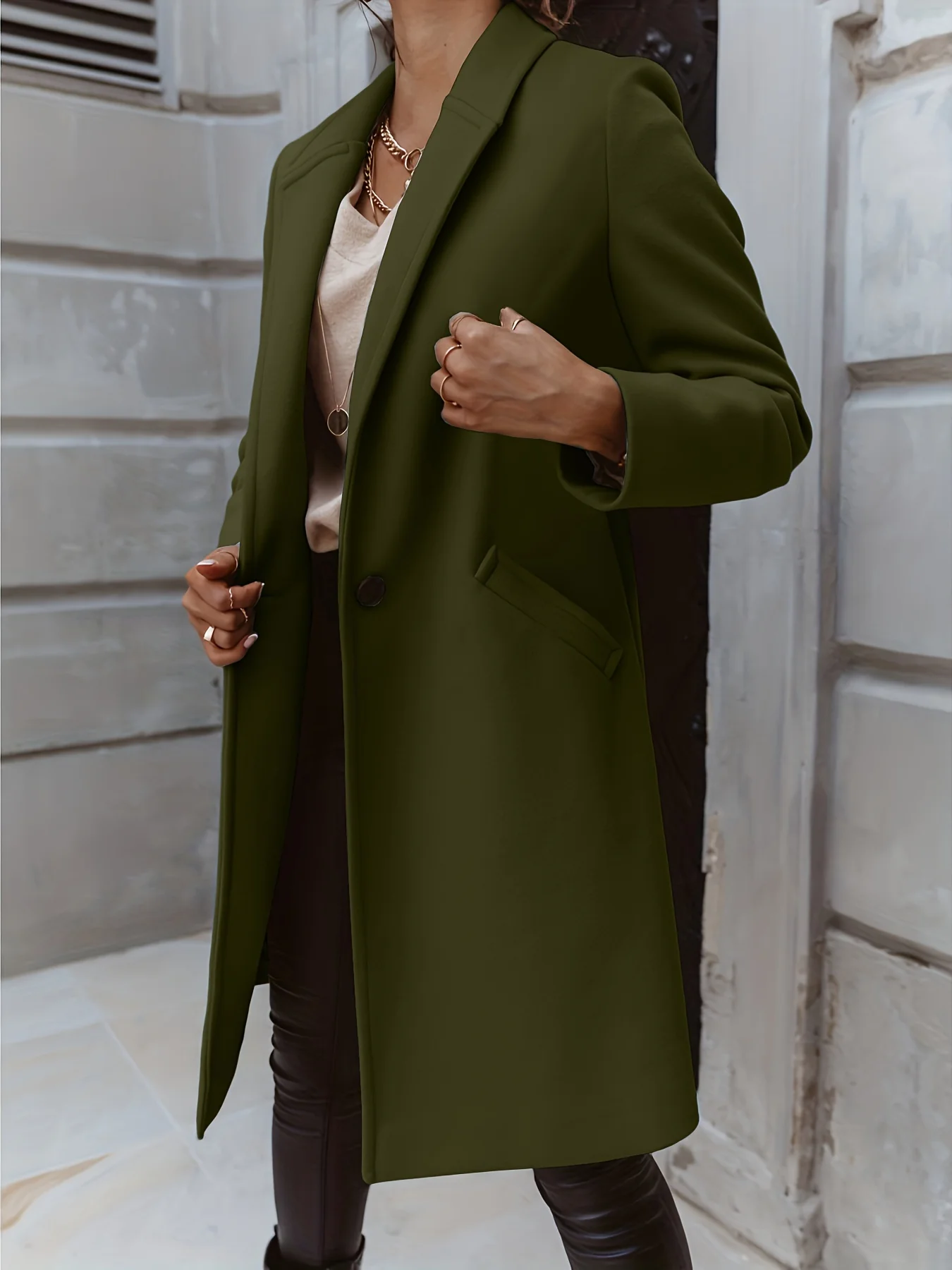 Solid Mid Length Coat, Elegant Open Front Long Sleeve One Button Outerwear, Women's Clothing - Deanwangkt