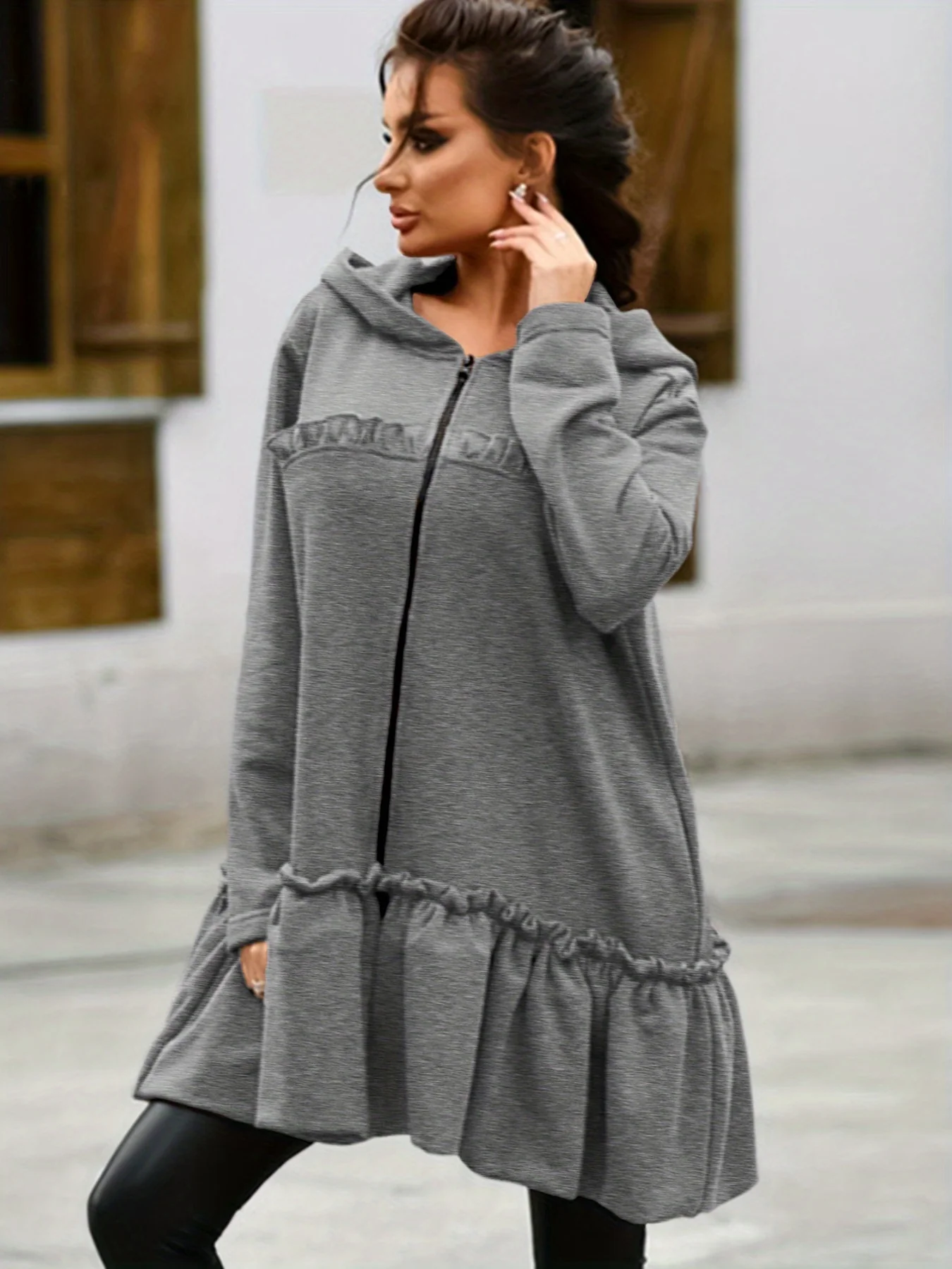 Flared Ruffle Trim Hoodies, Casual Zip Up Long Sleeve Solid Sweatshirt, Women's Clothing - Deanwangkt