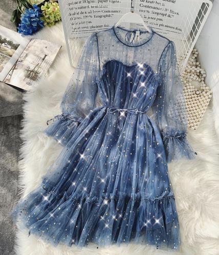 New Female O-neck Stars Sequined Mesh Shiny Fairy Dress Women Elegant Bling Gauze Princess Puff Dresses Vestidos De Fiesta - Deanwangkt