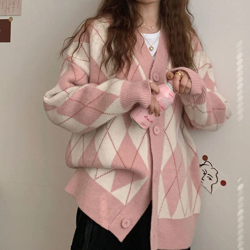 deanwangkt Cardigan Women Winter Chic Sweater Jacket Girl Knitted Argyle Coat Loose All Match Student Korean Knitwear Pink Tops Sweat Femme - Deanwangkt