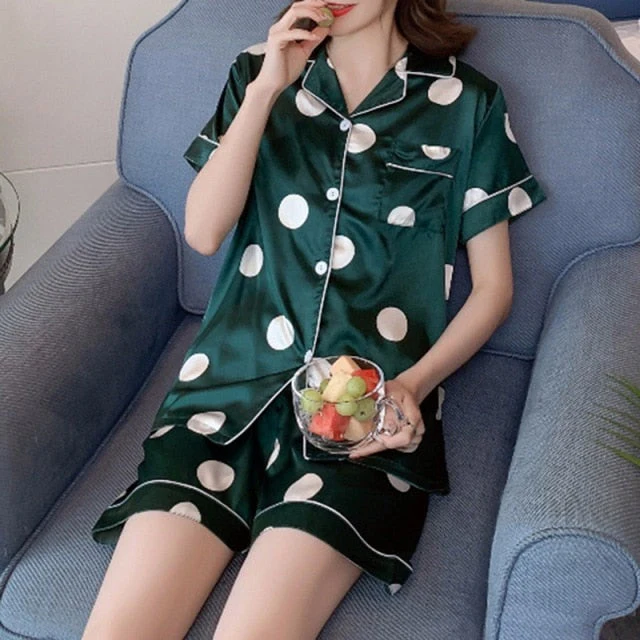 Silk Pajamas for Women Home Suit Heart Embroidered Pyjamas Pj Set Satin Nightwear Sleepwear  Pijama Verano Mujer - Deanwangkt