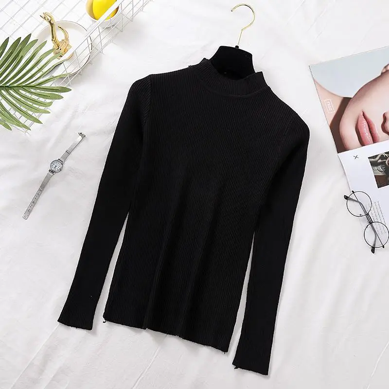 deanwangkt Autumn Women Pullover Sweater Fashion Half Turtleneck Knitted Female Jumper Long Sleeve Winter Black Soft Elastic Blouse - Deanwangkt
