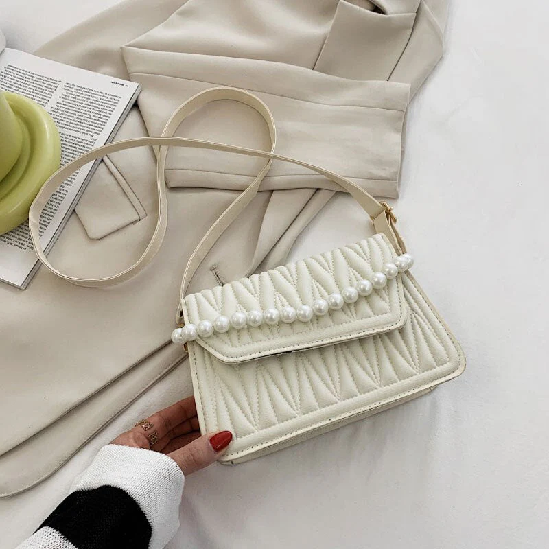 deanwangkt BACK TO COLLEGE    Pearl Chain Strap Handbags For Women Designer Pu Leather Shoulder Bag Plaid Simple Female Crossbody Bag Small Square Bag - Deanwangkt