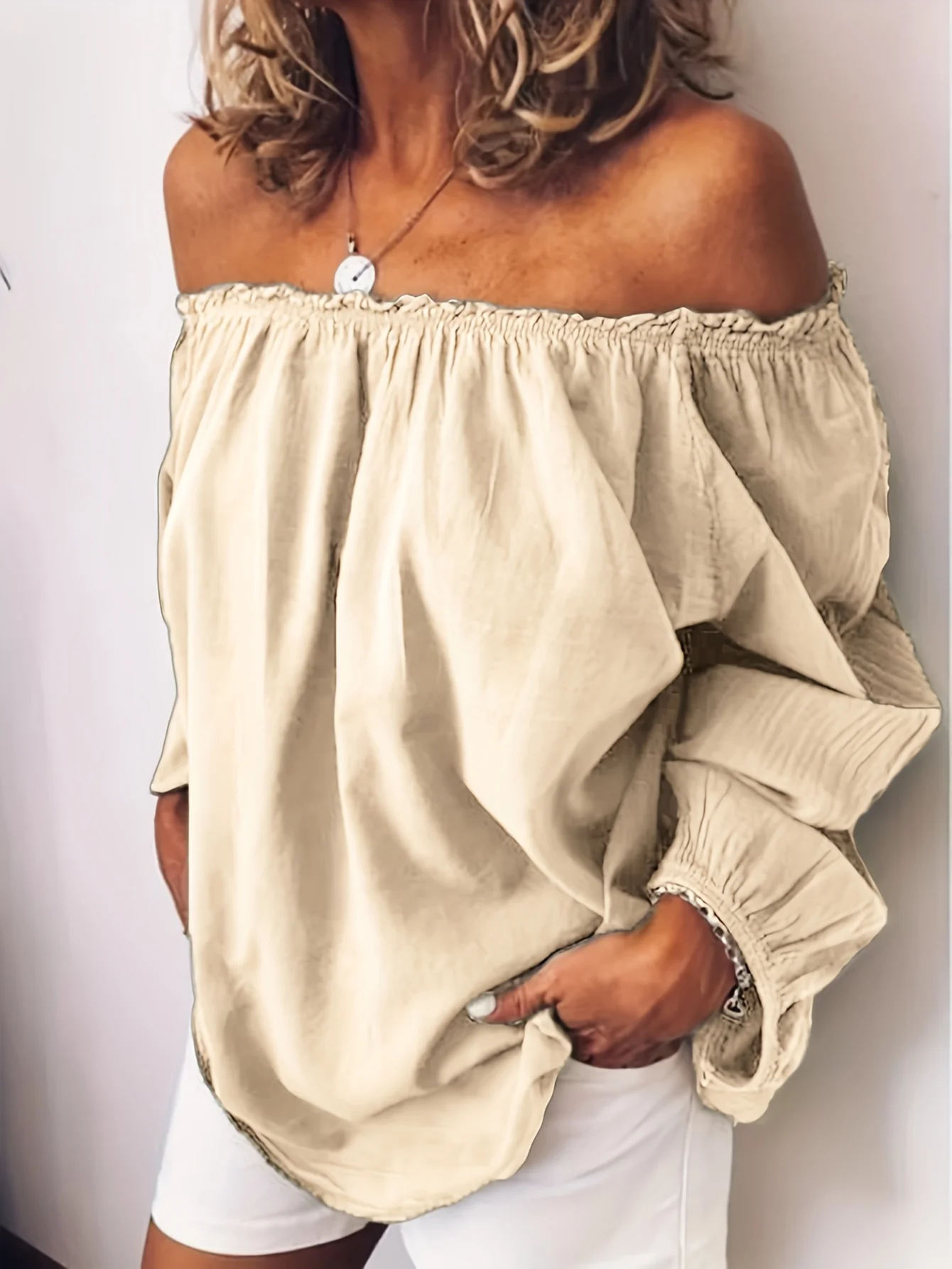 Solid Ruffle Trim Blouse, Casual Loose Long Sleeve Blouse For Spring & Fall, Women's Clothing - Deanwangkt