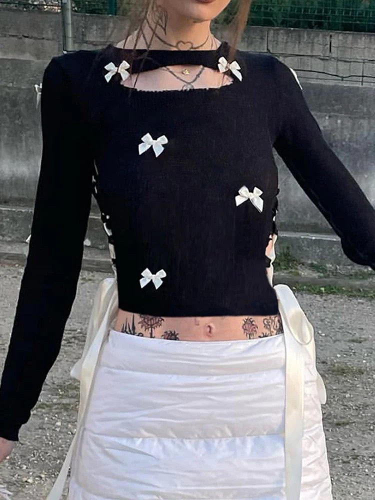 deanwangkt Side Split Bandage Crop Top Cute Bow Patchwork y2k Vintage T-shirt Black Long Sleeve Hollow Out T Shirts Women Clothing - Deanwangkt