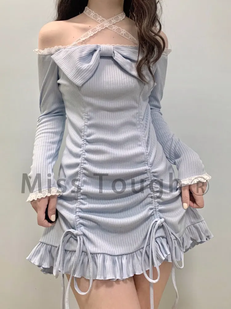 deanwangkt Korean Style Party Mini Dresses Women Japanese Off Shoulder Sexy Kawaii Dress Female Long Sleeve Lace Kawaii Lolita Dress Autumn - Deanwangkt