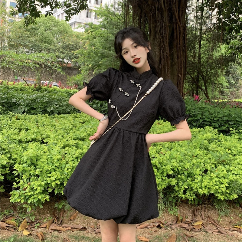 deanwangkt New Chinese Fashion Cheongsam Mini Doll Dress Stand Collar Puff Sleeve Little Ball Gown Dress Small Girl Black White Party Dress - Deanwangkt