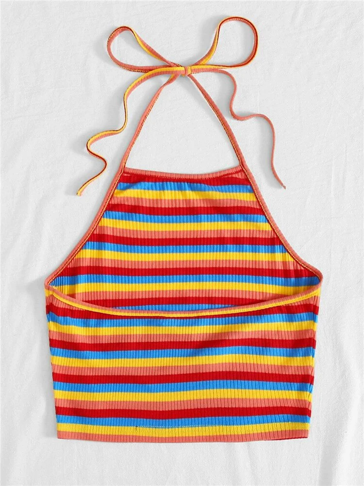 deanwangkt Rainbow Striped Rib Knit Crop Top Women Summer Y2K Clothes High Street Harajuku Backless Sleeveless Halter Cami Top - Deanwangkt