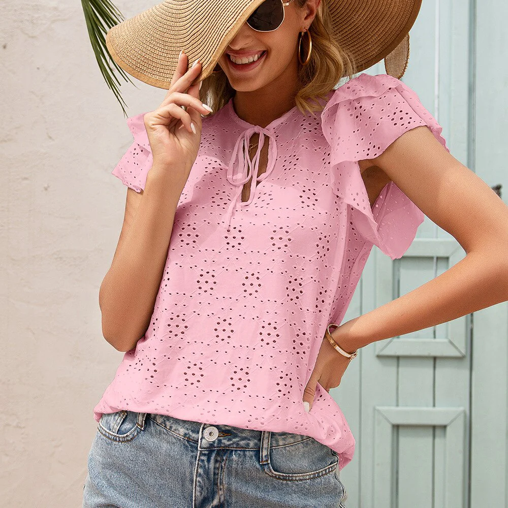 deanwangkt Women Shirts Blouse Butterfly Sleeve Hollow Out Tops Casual Female O-neck Ladies Blouses Purple Pink Yellow Color Woman Tops - Deanwangkt