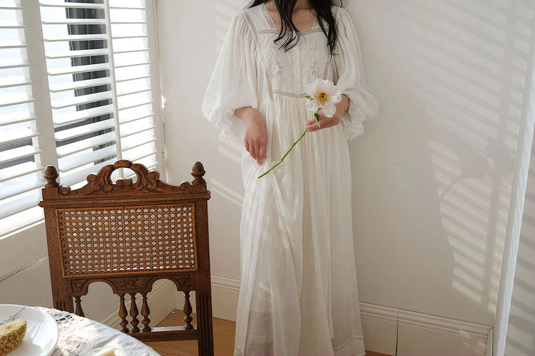 Hanxiuju Delicate Vintage Embroidery Cotton Women's Long Nightgowns Luxury Sleepwear Elegant Loose Nighty Spring Autumn Dress - Deanwangkt