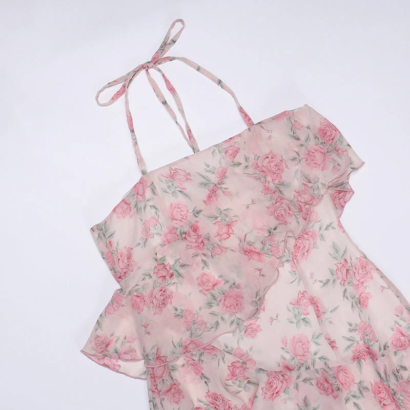 deanwangkt  Floral Print Spaghetti Strap Dresses Mini Women Sexy Backless Halter Neck Spring Summer Ruffle Casual Beach Dress - Deanwangkt