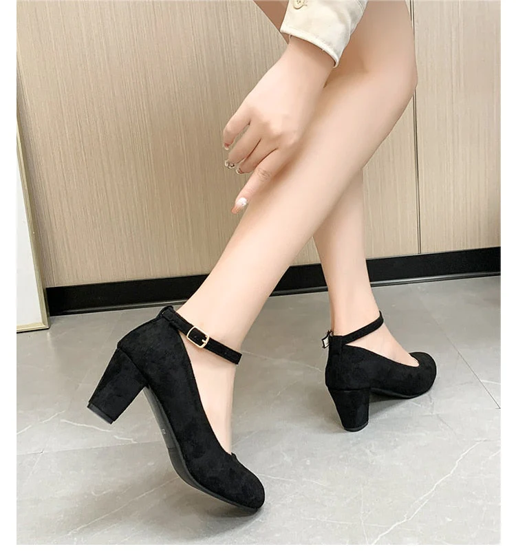 deanwangkt Fashion Women Pumps High Heels Suede Women Shoes Chunky Ankle Work Walking Shoes Sexy Pointed Toe Pumps Ladies Party Shoe - Deanwangkt