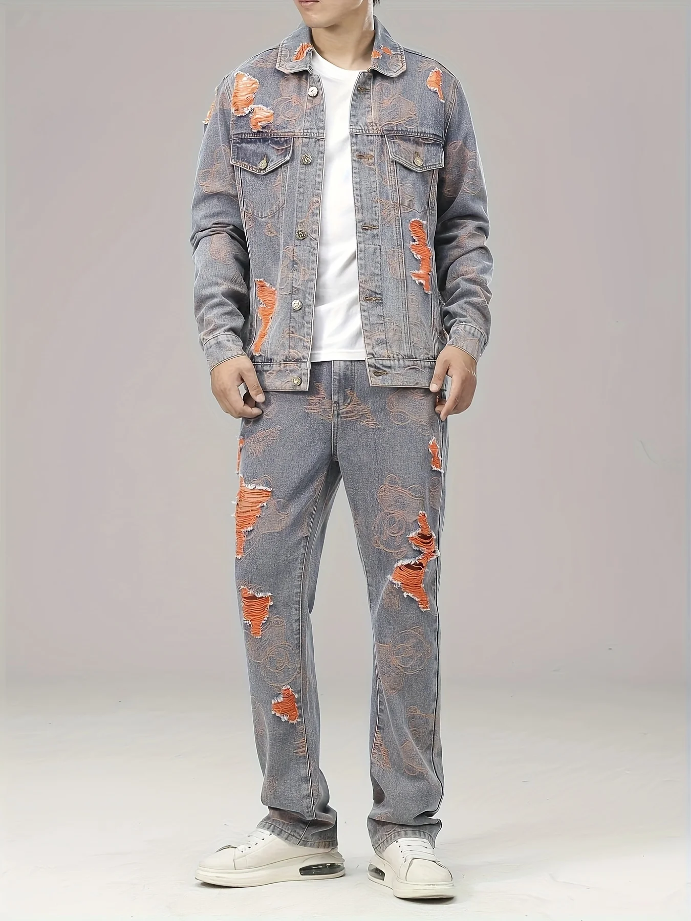 deanwangkt-1 Men's Denim Outfit, Ripped Chest Pocket Jacket And Trendy Straight Leg Jeans Set - Deanwangkt