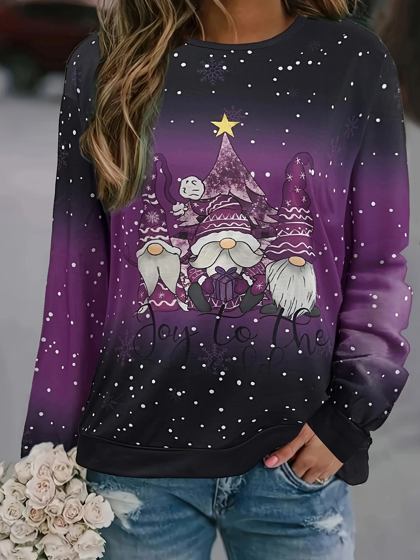 deanwangkt-1  Plus Size Christmas Casual Sweatshirt, Women's Plus Snowflake & Gnomes Print Long Sleeve Round Neck Medium Stretch Pullover Top - Deanwangkt