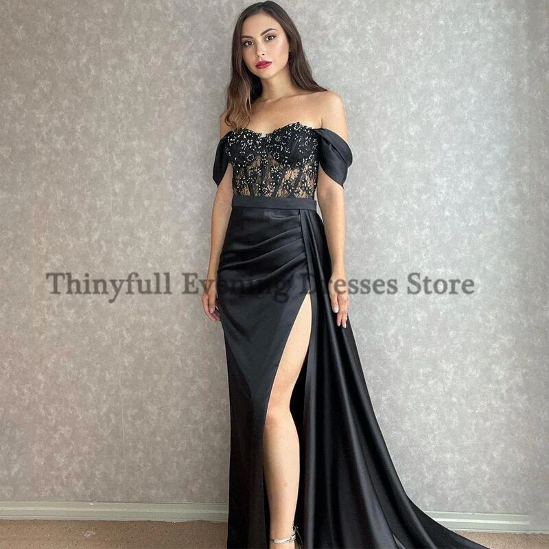Graduation dress Sexy Prom Evening Dresses Off Shoulder Appliques Party Dress High Split Floor Length Cocktail Gowns Saudi Arabia Dubai - Deanwangkt