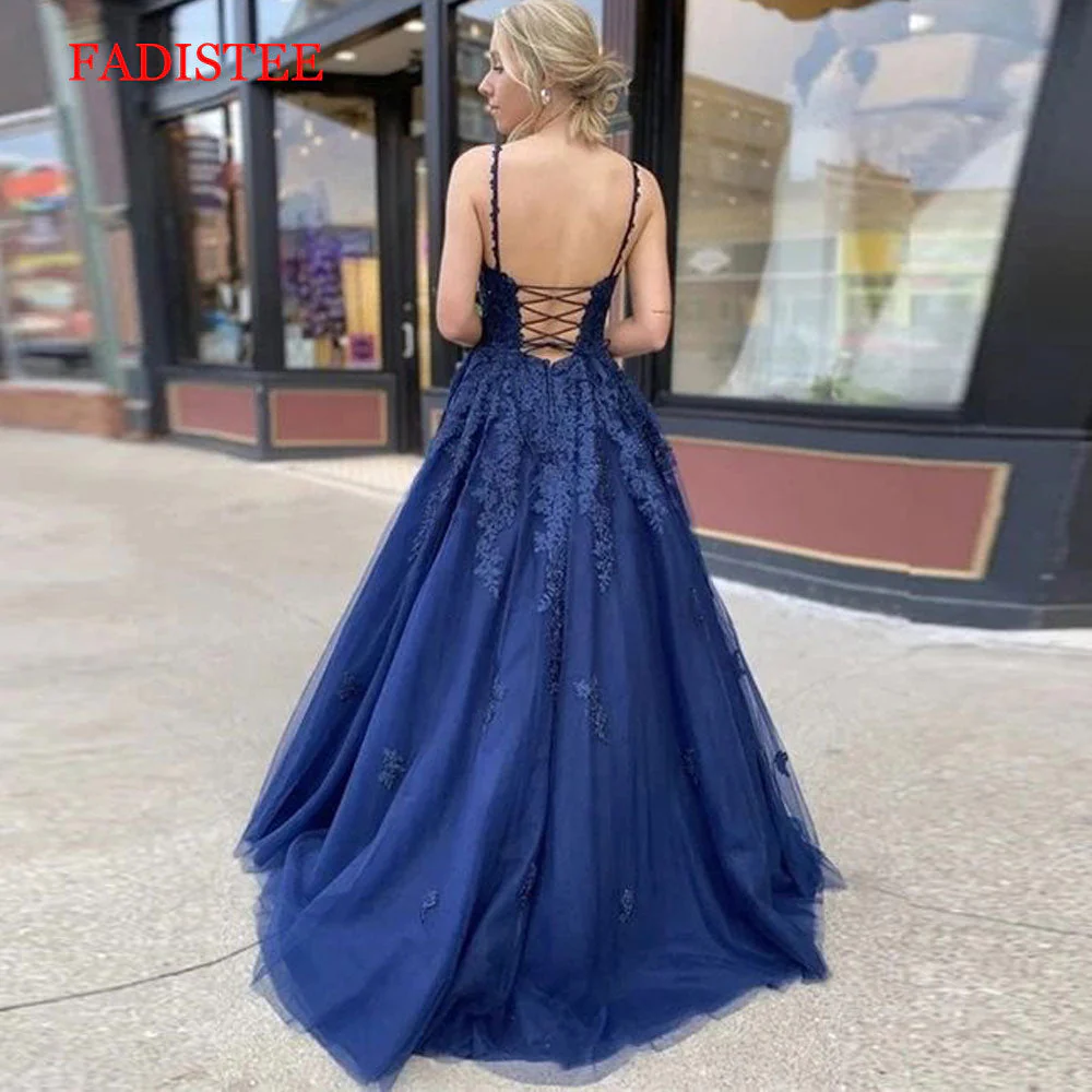 Lace navy blue V-neck vestidos de fiesta de noche prom party Evening Dresses robe de soiree gown frock long soft tulle lace-up - Deanwangkt
