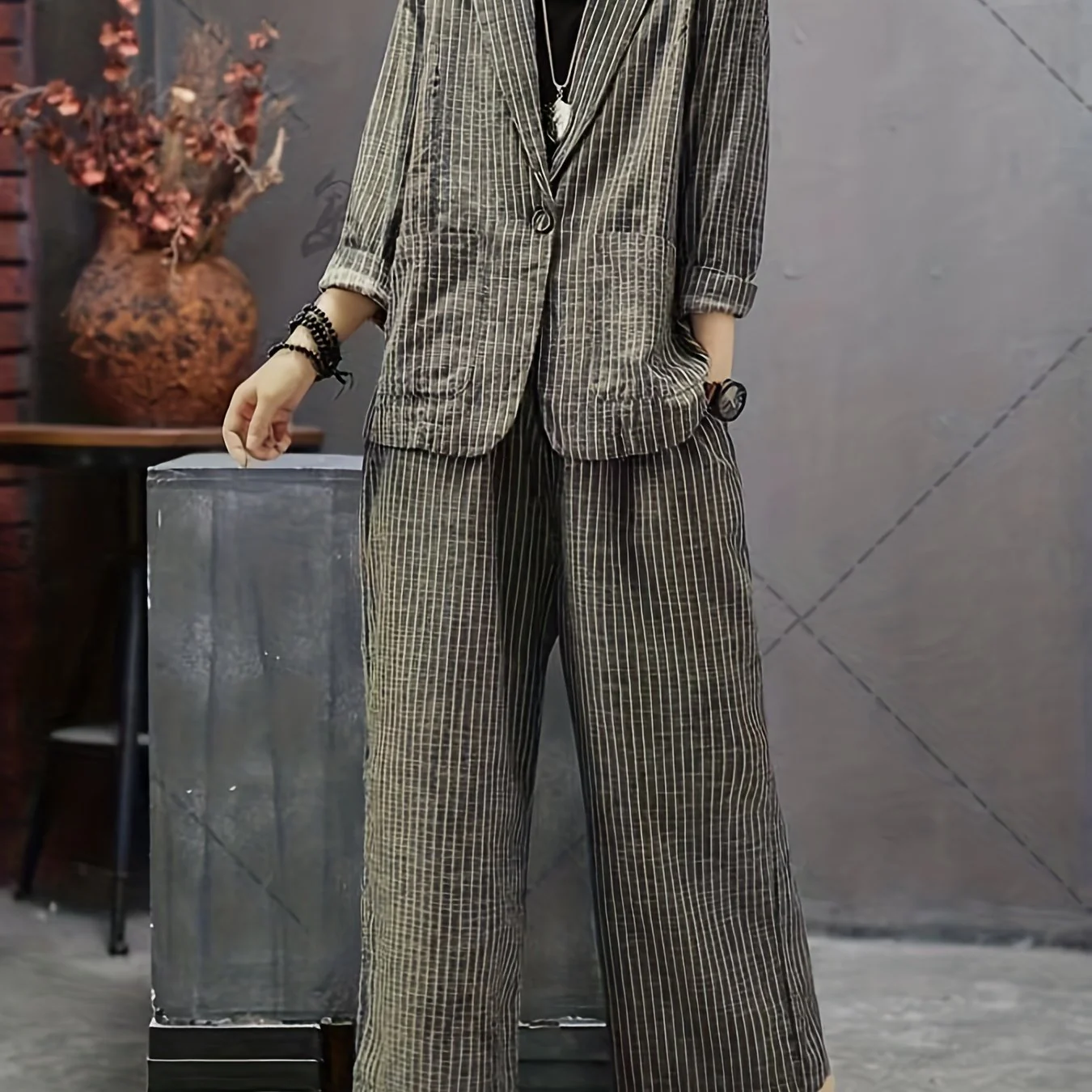 deanwangkt Striped Print Casual Two-piece Set, Lapel One Button Long Sleeve Blazer & Long Length Wide Leg Pants Outfits, Women's Clothing - Deanwangkt