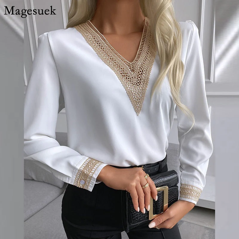 Graduation Gifts   Autumn Lace Crochet Satin Silk Chiffon Shirt Women Long Sleeve Woman Blouses Tops V Neck Solid Embroidery Shirts Blusas 15777 - Deanwangkt