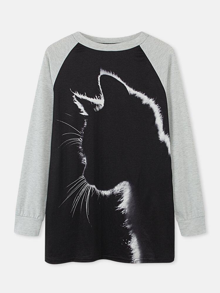 deanwangkt Women Cat Print Round Neck Casual Raglan Sleeve Blouses - Deanwangkt