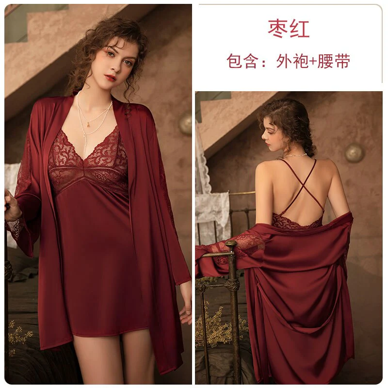 deanwangkt 3 Piece Lingerie Set with Robe Satin Pajamas Dress Cardigan Long Sleeve Top Sexy Sleepwear Bath Female Adult Nightwear Nightgown - Deanwangkt