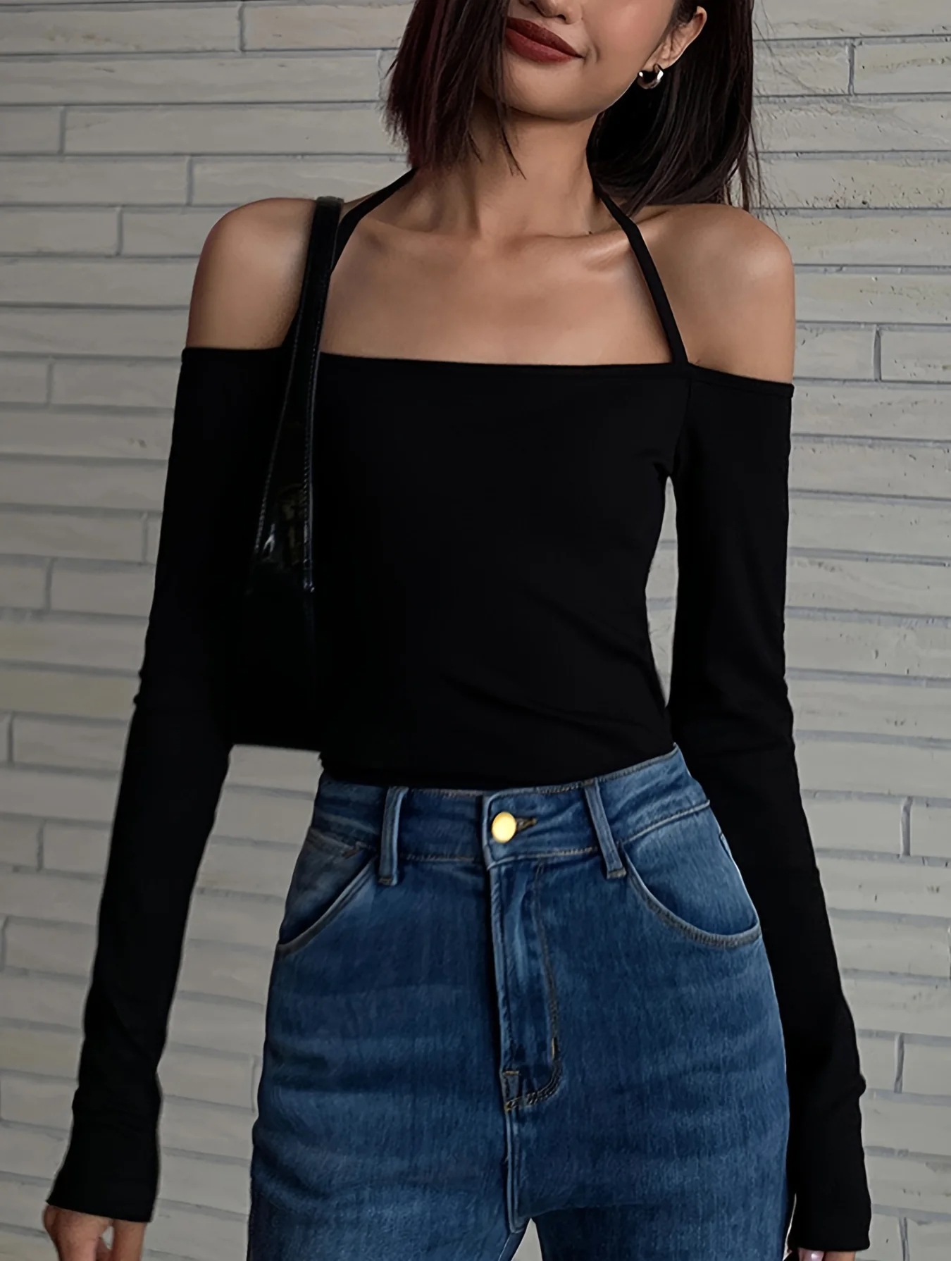 deanwangkt  Halter Neck Solid T-Shirt, Casual Long Sleeve Top For Spring, Women's Clothing - Deanwangkt