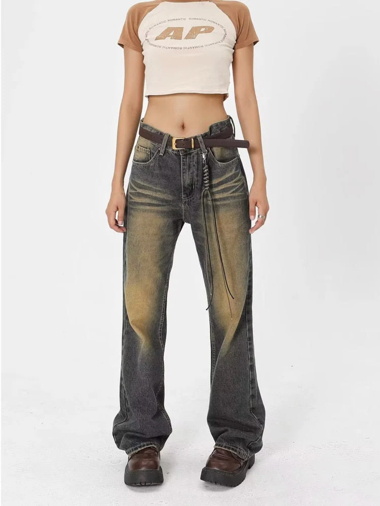 deanwangkt Street Wash Made Old Blue Micro Flared Pants For Women's Autumn New Slim Retro Jeans Trendy Women's Jeans - Deanwangkt