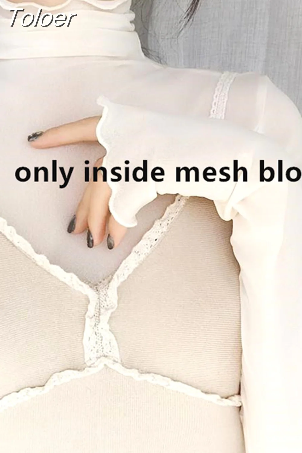 deanwangkt Philosophy Women High Collar Mesh Perspective Blouse Summer Thin See Through Slim Bottoming Lace Long Flare Sleeved Tops - Deanwangkt