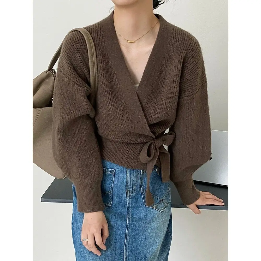 deanwangkt Early Autumn Bow Tie V-Neck Knit Women's Short High Waist Cardigan Sweater Coat Overlay Design Sense Top - Deanwangkt