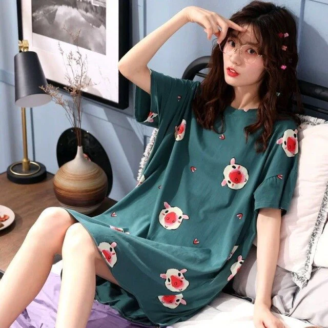 deanwangkt  Women Short Sleeve Sleepwear Cotton Night Gowns Summer Cartoon Nightgowns Home Wear Girls Sleep Lounge Sleeping Dress - Deanwangkt