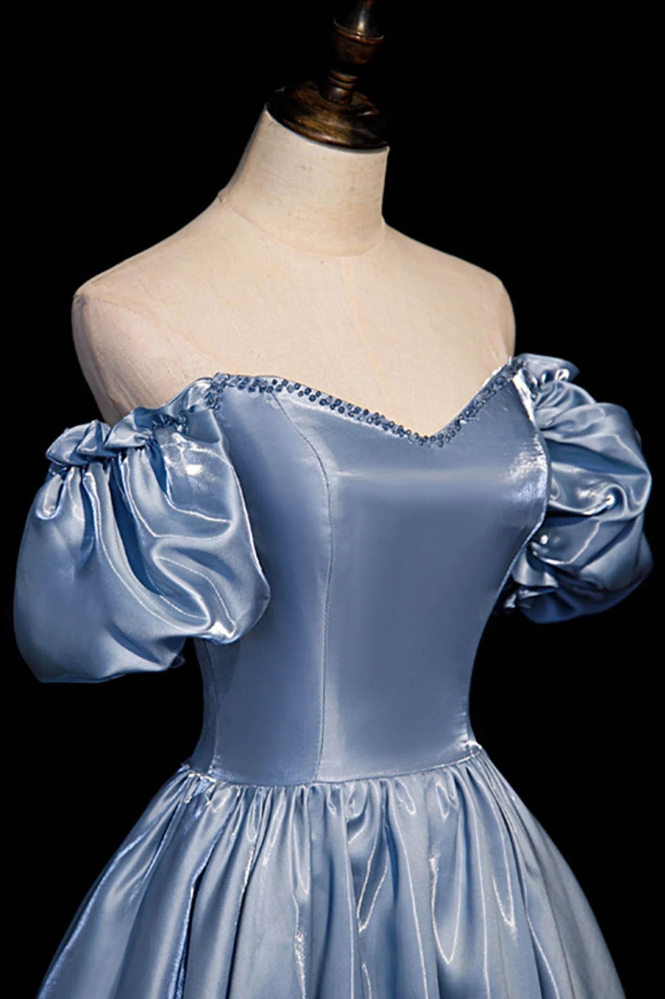 solvbao Cute Satin Long Prom Dresses, Blue Short Sleeve A-Line Evening Dresses - Deanwangkt